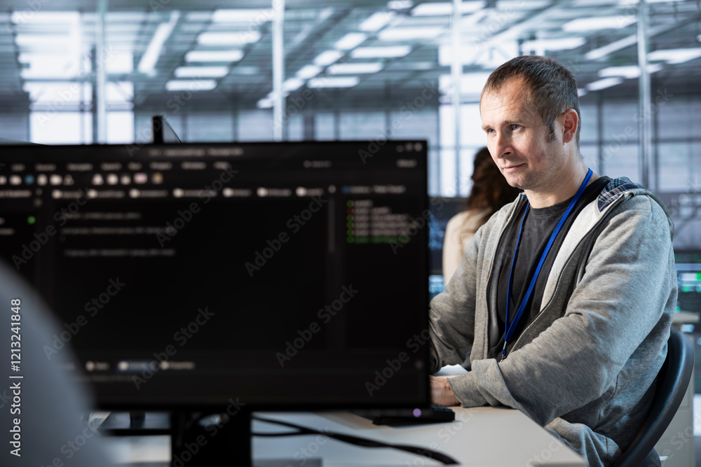 Computer scientist in data center managing and optimizing IT infrastructure using network management skills. Server room employee upgrading gear, reducing operational costs Computer scientist in data center managing and optimizing IT infrastructure using network management skills. Server room employee upgrading gear, reducing operational costs