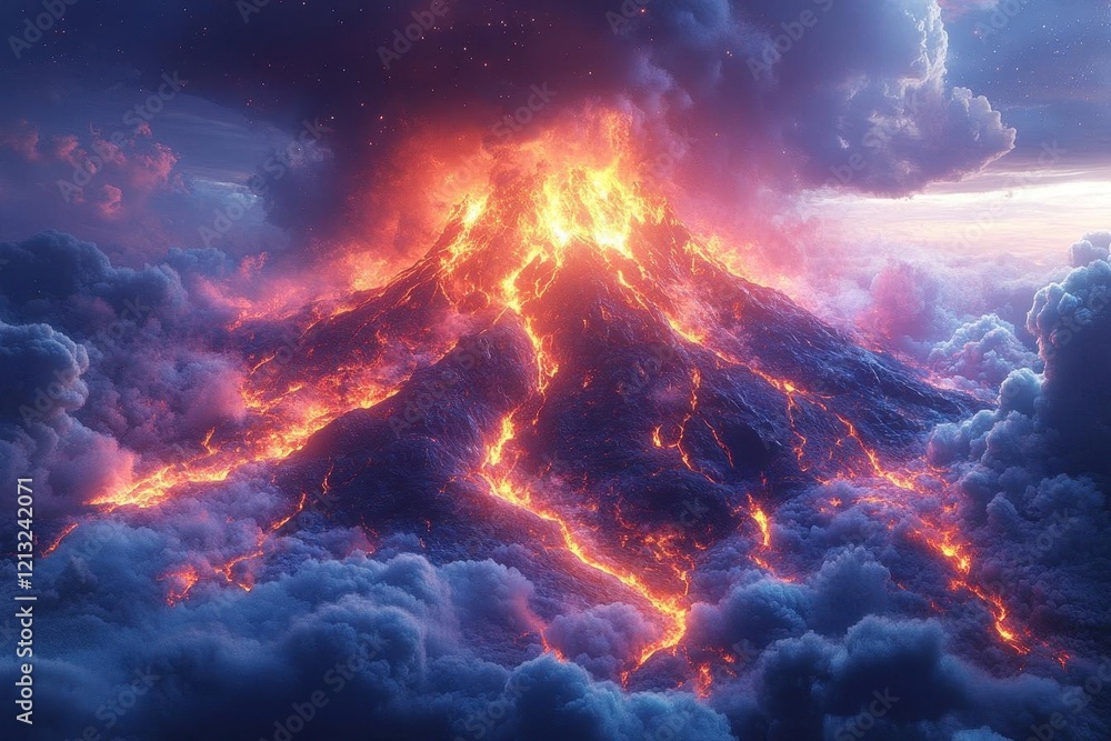 mystical volcano scene at midnight with vibrant lava cascading in vivid reds and oranges soft ash clouds swirl softly above creating a surreal atmosphere glowing stars twinkle in a dark sky mystical volcano scene at midnight with vibrant lava cascading in vivid reds and oranges soft ash clouds swirl softly above creating a surreal atmosphere glowing stars twinkle in a dark sky