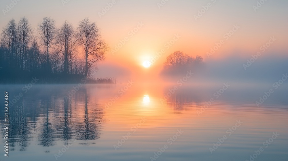 Misty sunrise over calm lake, trees reflected, peaceful morning scene; perfect for nature, travel, or serenity themes Misty sunrise over calm lake, trees reflected, peaceful morning scene; perfect for nature, travel, or serenity themes