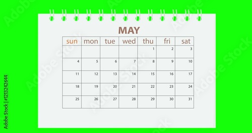 Calendar for 2025 new year from january to december flipping through month. Close up of flipped calendar page change on green background. Chroma key. 4k video graphic motion