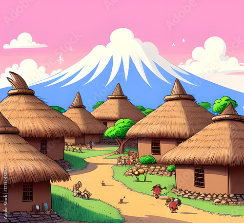 Illustration Of Controside Beautyful African Village Cardboard Background.generative ai photo