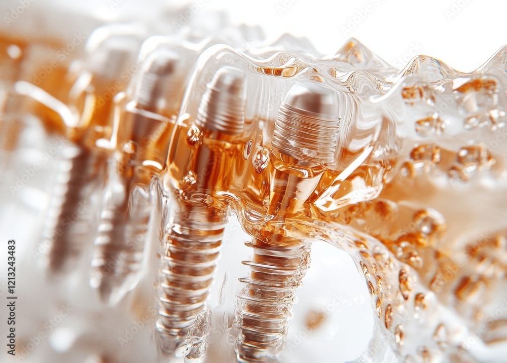Fototapeta premium Macro imagery of dental implants within a transparent structural medium