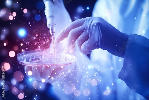 Close-up of gloved hands holding a petri dish and dropping liquid with a micropipette, conducting an experiment in a laboratory with a futuristic bokeh effect