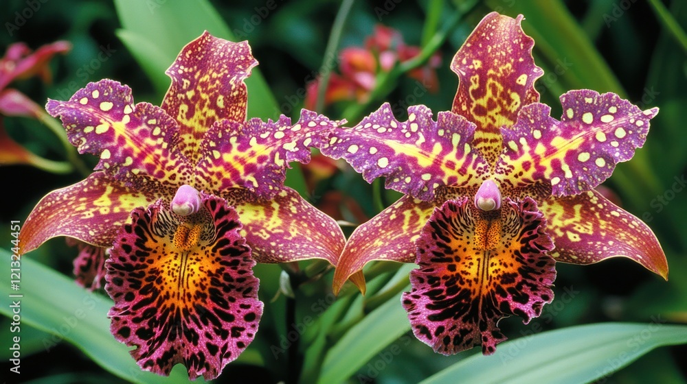Two vibrant orchids with maroon, yellow, and orange speckled petals. Two vibrant orchids with maroon, yellow, and orange speckled petals.