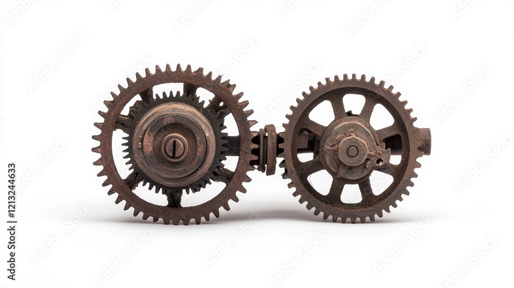 Two rusty cogwheels interlocked, isolated on white background. Two rusty cogwheels interlocked, isolated on white background.