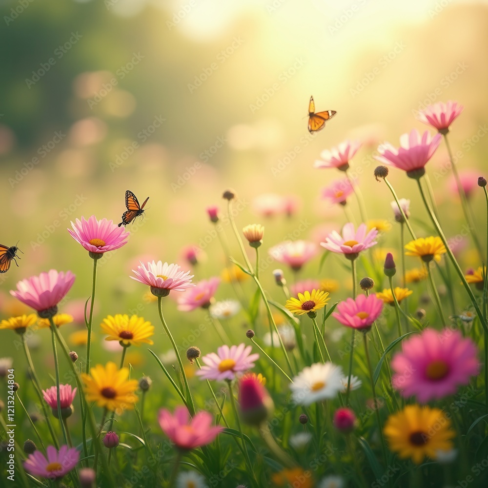 Obraz premium Butterflies and bees hover over pink flowers in a sunlit meadow, creating a serene and vibrant springtime scene. Generative, AI,