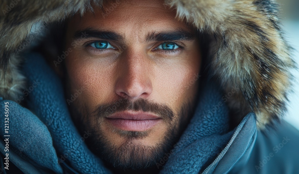 Close-up of a man with blue eyes in a fur-lined jacket Close-up of a man with blue eyes in a fur-lined jacket