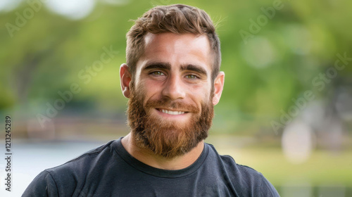 A young man relaxes outdoors, radiating confidence with a bright smile, embodying the essence of summer joy.