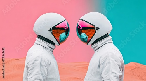 Two astronauts face each other with colorful backgrounds in a surreal desert setting during a daydream-inspired exploration