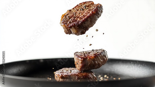 Juicy steaks falling into a frying pan with sizzle effect on white background