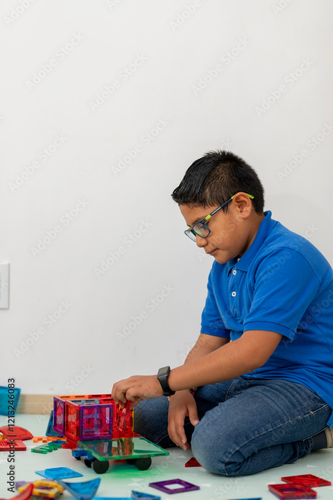 Child assembling a cart with educational pieces sitting on the floor of his house Child assembling a cart with educational pieces sitting on the floor of his house