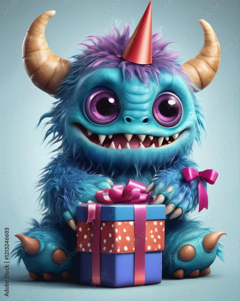 Little blue and purple monster with a little birthday gift in blue and orange, celebration, design, illustration, digital art. Little blue and purple monster with a little birthday gift in blue and orange, celebration, design, illustration, digital art.