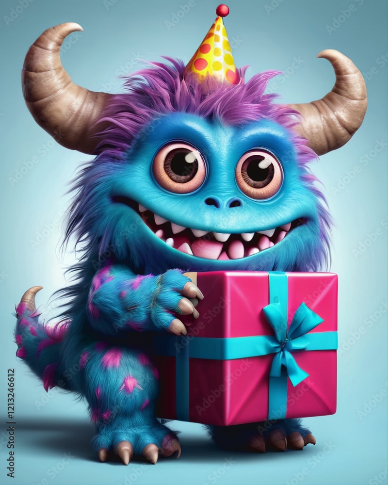 Little blue and purple monster with a small birthday gift in pink, celebration, design, illustration, digital art. Little blue and purple monster with a small birthday gift in pink, celebration, design, illustration, digital art.