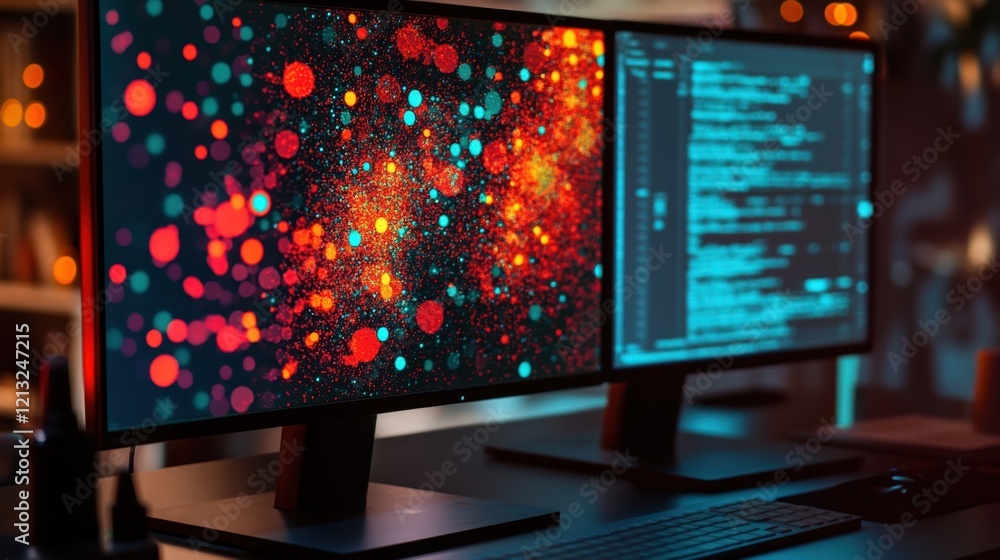 Fototapeta premium Two computer screens displaying code and colorful particles stand on a desk in a cozy, softly lit room, suggesting a software developer working late at night