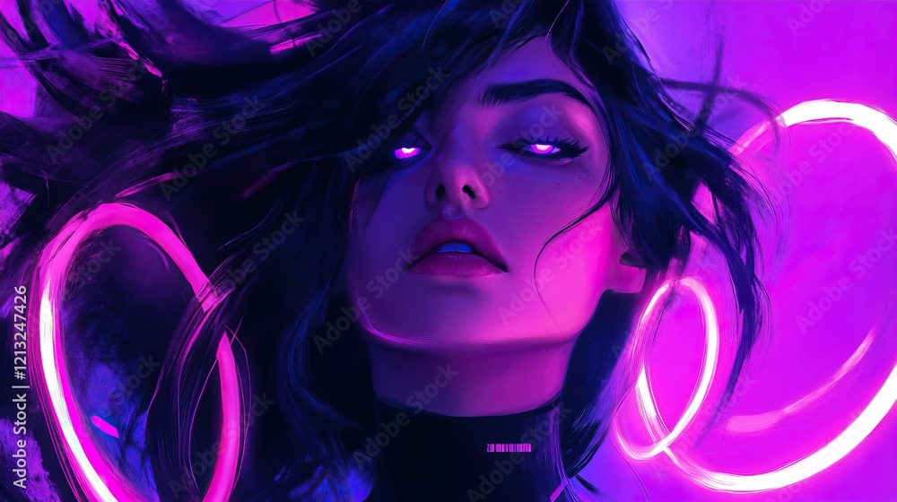 Futuristic digital art of a woman with neon lights and dark purple aesthetics Futuristic digital art of a woman with neon lights and dark purple aesthetics