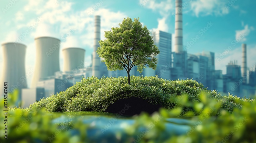 Obraz premium Modern power plant with tree, Green industry eco power for sustainable energy saving environmental plants