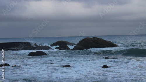 Storm in Italy, Sicilia. Big waves in sunny or cloudy day.