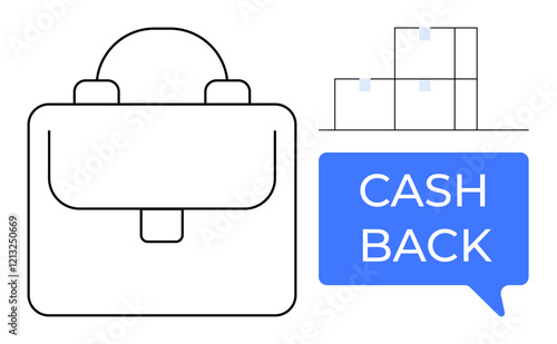 Business briefcase, packages stacked, text CASH BACK in speech bubble. Ideal for business, shipping, e-commerce, rewards, financial incentives logistics customer loyalty. Conceptual abstract line