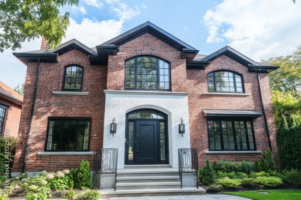 Nestled in a peaceful neighborhood, this elegant brick house boasts large windows and a warm, inviting entrance, radiating charm on a bright, sunny day Nestled in a peaceful neighborhood, this elegant brick house boasts large windows and a warm, inviting entrance, radiating charm on a bright, sunny day