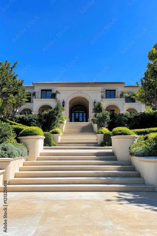 Fototapeta premium Majestic mansion showcasing elegant architecture and lush landscaping under a clear blue sky with vibrant greenery surrounding the grand staircase