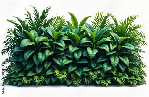 Tropical green plants create dense vertical wall. Foliage, various leaf shapes create rich natural scene. Perfect for wall design background in home business setting. Eco-friendly, nature-inspired