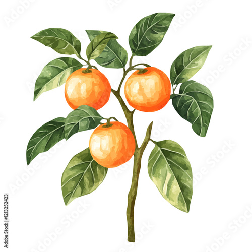 Naranjilla Plant with Fruit – Watercolor Illustration, Tropical Nightshade Shrub with Vibrant Orange Fruits, Lush Green Leaves and Thorny Stems, Hand-Painted Botanical Artwork
