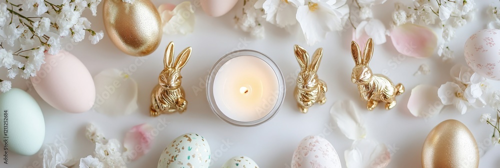 Obraz premium Easter celebration with golden bunnies, pastel eggs, and blossoming flowers
