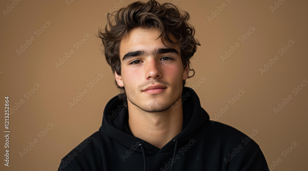 A portrait of an attractive young man with wavy hair, wearing casual clothes and standing against a neutral background. He is looking directly at the camera, black hoodie. A portrait of an attractive young man with wavy hair, wearing casual clothes and standing against a neutral background. He is looking directly at the camera, black hoodie.