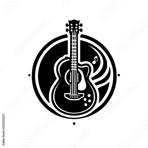 Acoustic Guitar Music Illustration: Black and White Minimalist Design. Perfect for music lovers and graphic designers seeking a stylish and evocative image.