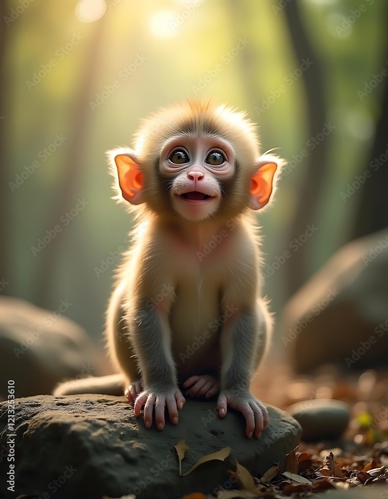 Naklejka premium Adorable Baby Monkey in a Forest Setting