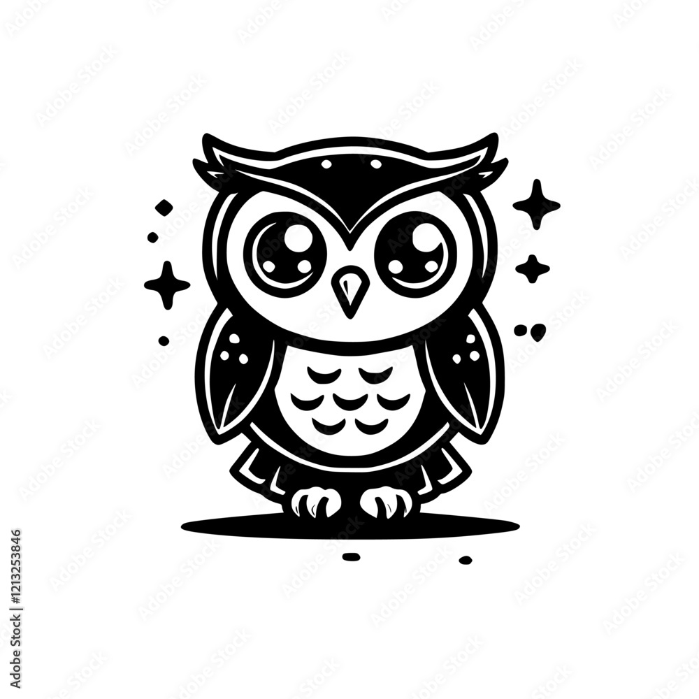 Fototapeta premium Adorable Cartoon Owl: Black and White Vector Illustration. Cute Bird Design, Perfect for Kids, Nature Lovers, and Kawaii Fans!