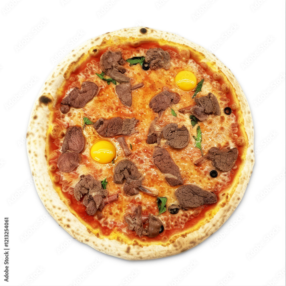 Savory merguez and ground beef pizza topped with egg on a white background Savory merguez and ground beef pizza topped with egg on a white background
