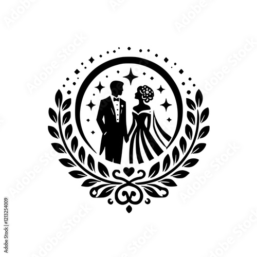 Elegant Wedding Couple Silhouette: Romantic Marriage Symbol, Black and White Vector Graphic Design