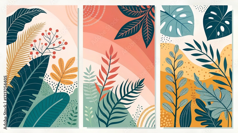Fototapeta premium Abstract shapes and botanical plants are showcased in a set of abstract illustrations. Abstract paintings 
