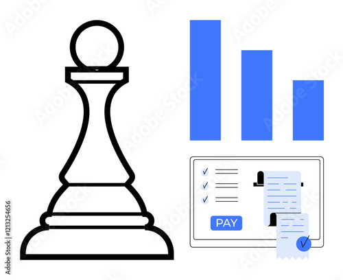 Chess pawn beside bar graph and online payment screen with checklist and receipt. Ideal for financial strategy, payment processing, budgeting, analytics, business planning, decision-making, and risk