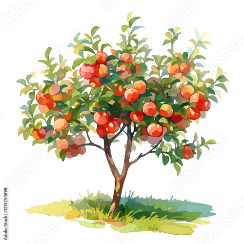Nectarine Tree with Fruit – Watercolor Illustration, Vibrant Orchard Scene, Lush Green Foliage with Ripe Nectarines, Botanical Digital Painting  
