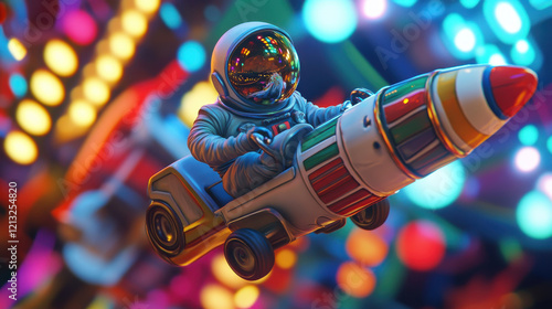 A playful astronaut on a spinning carnival ride shaped like a rocket, colorful carnival lights in the background, festive atmosphere photo