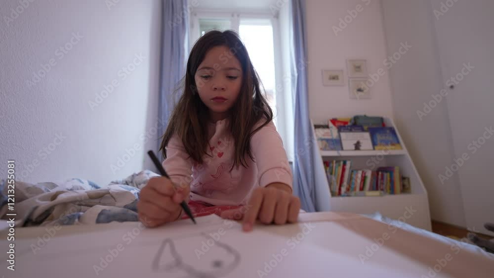 Focused Child Engaging in Drawing Activity at Home, Pen and Paper Craft in Bedroom Focused Child Engaging in Drawing Activity at Home, Pen and Paper Craft in Bedroom