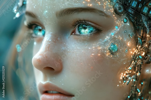ethereal biomechanical android priestess with iridescent chrome skin flowing digital aura crystalline eyes surrounded by holographic mandalas and circuitry