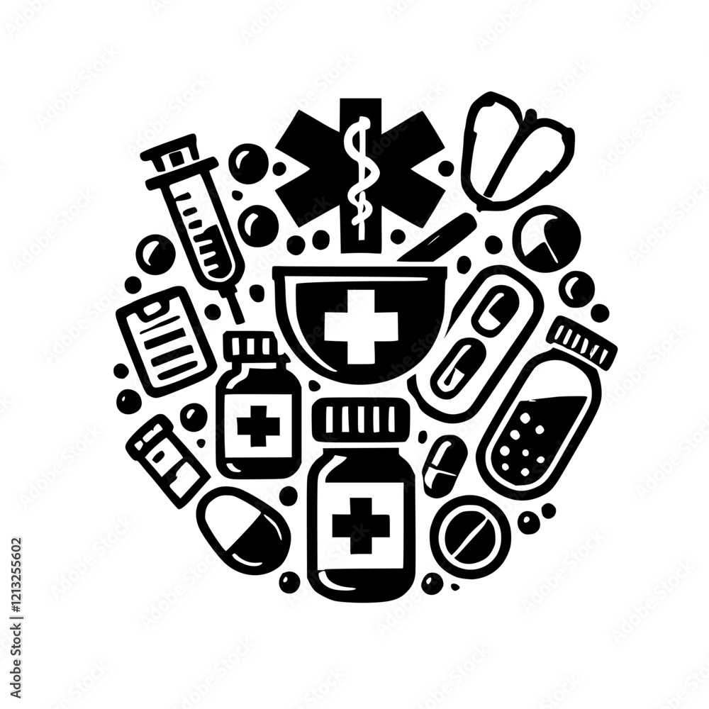 Fototapeta premium Medical Doodle: Healthcare, Pharmacy, and Medicine Vector Illustration. A graphic design featuring medical symbols, pills, and equipment, perfect for healthcare websites or publications.