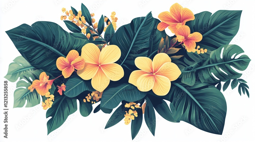 Fototapeta premium Vibrant Array of Flowers and Leaves Arranged in Wide Angle Centered Composition