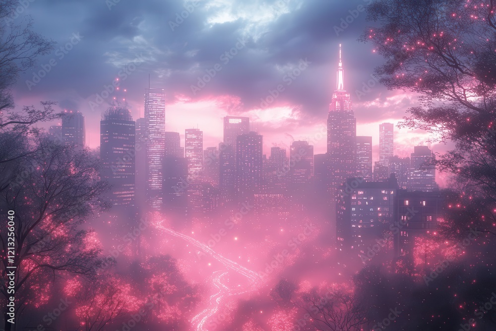 Obraz premium ethereal cityscape bathed in bioluminescent fog neonlit trees create surreal forest atmosphere cyberpunk meets nature