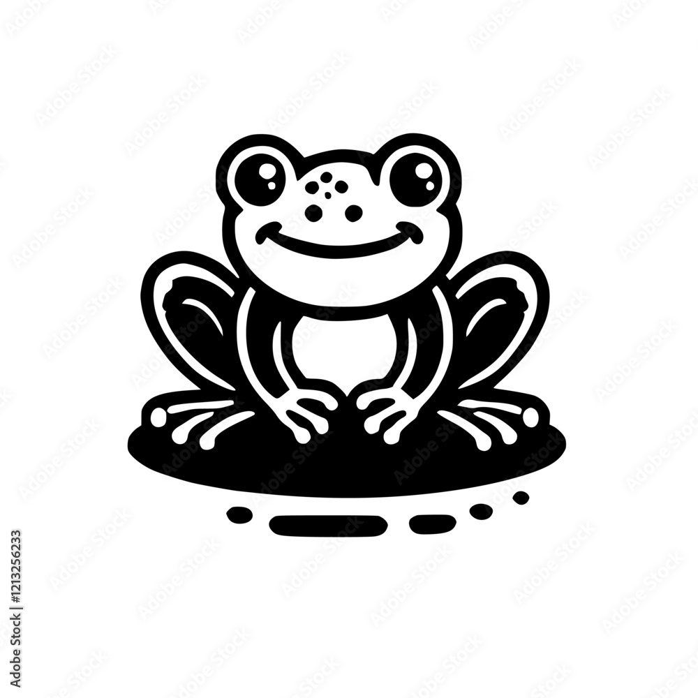 Adorable Cartoon Frog Illustration: Happy Amphibian in Black and White Design Adorable Cartoon Frog Illustration: Happy Amphibian in Black and White Design