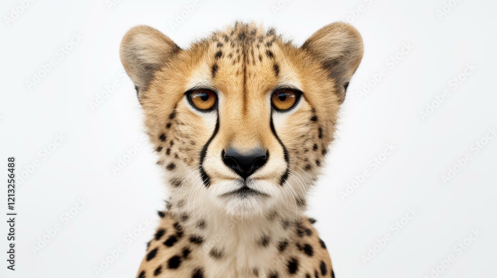 A striking portrait of a cheetah captured against a clean white backdrop, highlighting its elegance and speed. A striking portrait of a cheetah captured against a clean white backdrop, highlighting its elegance and speed.