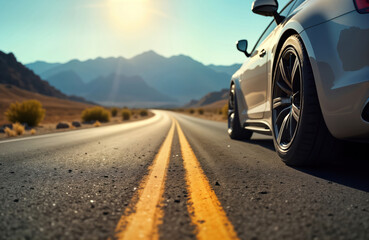 Car travels on highway. Road curves through desert landscape. Sun shines on asphalt. Beautiful summer day. Highway scenery is stunning. Modern car with stylish wheels.