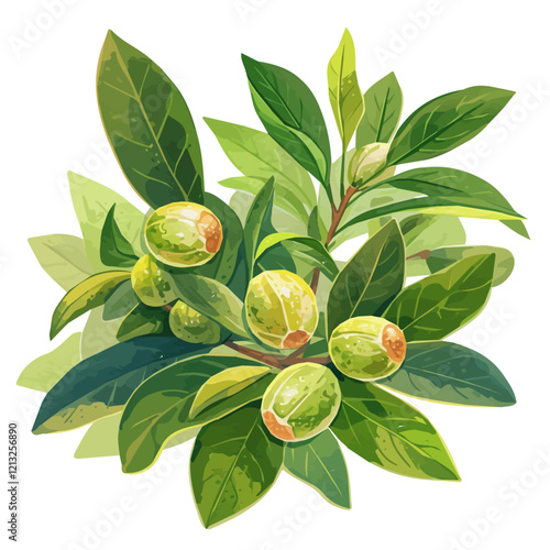 Nutmeg Tree with Fruit – Watercolor Illustration, Lush Green Canopy with Ripening Nutmegs, Botanical Art, Spice-Bearing Tree Painting  
