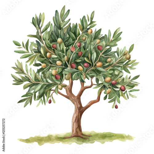 Olive Tree with Fruit – Watercolor Flat Vector, Serene Mediterranean Landscape, Verdant Foliage with Ripe Olives, Artistic Botanical Composition  
