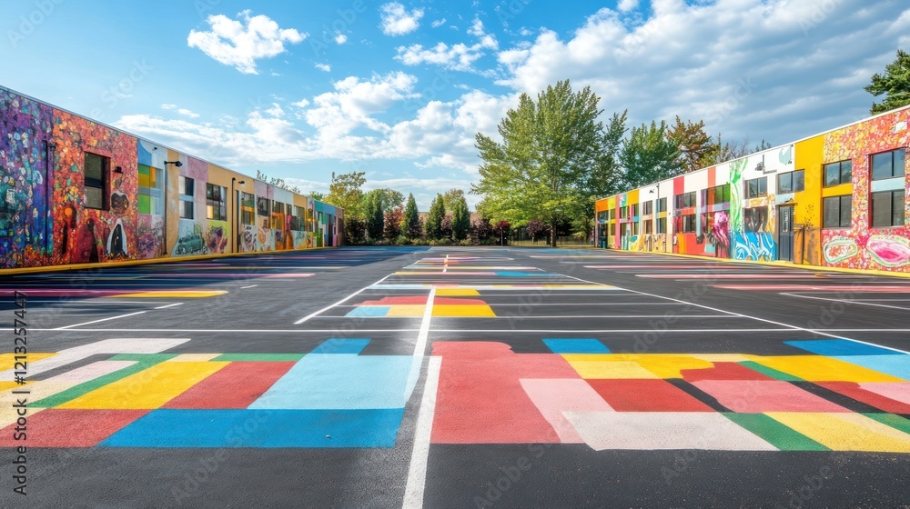 Fototapeta premium A parking lot with artistic murals on the walls, colorful ground markings, and creative use of space
