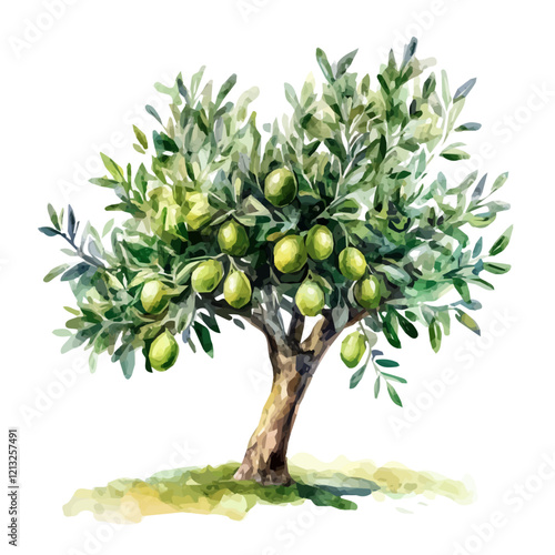 Olive Tree with Fruit – Watercolor Flat Vector, Serene Mediterranean Landscape, Verdant Foliage with Ripe Olives, Artistic Botanical Composition  
