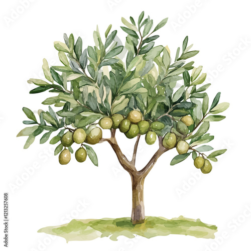 Olive Tree with Fruit – Watercolor Flat Vector, Serene Mediterranean Landscape, Verdant Foliage with Ripe Olives, Artistic Botanical Composition  
